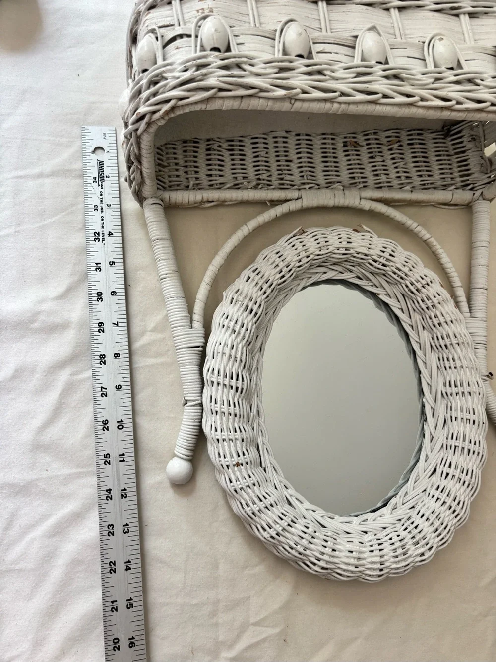 Vintage Wicker Oval Vanity Mirror with Storage - White